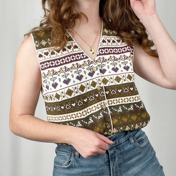 Vintage Rustic Cottagecore Fair Isle Knit Sweater Vest Floral Hearts Cardigan - Picture 2 of 9